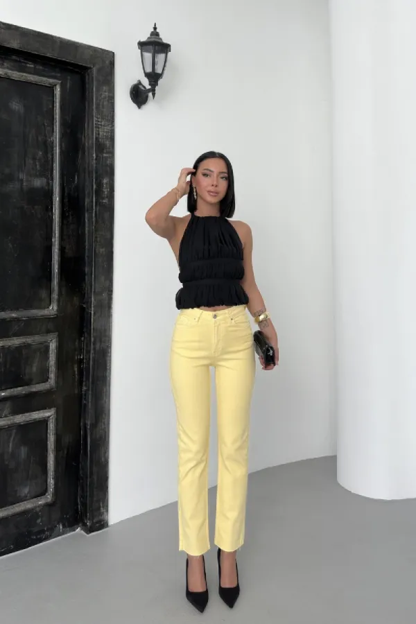 Fringe Ending High Waisted Mom Fit Jean 764-93-(28-33) Light Yellow