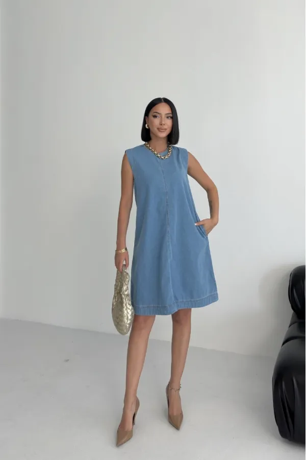 Sleeveless Oversize Denim Dress with Pocket 3043-25-(S-XL-6) Middle Blue