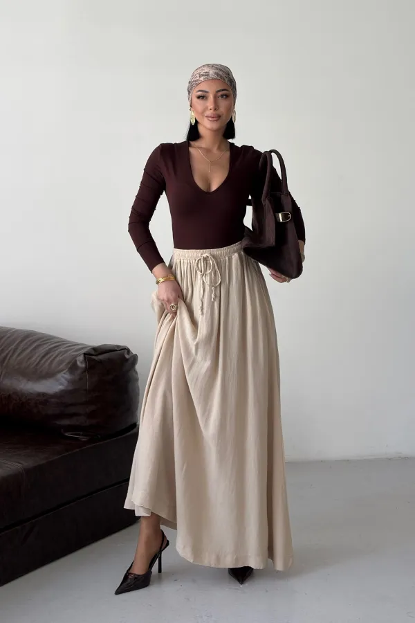 Elasticated Long Skirt HS131-65-(S-L-3) Stone