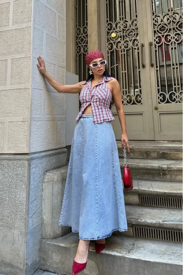 Ruffled Long Skirt with Elasticated Waist 1063-08-(36-44) Snow Light Blue