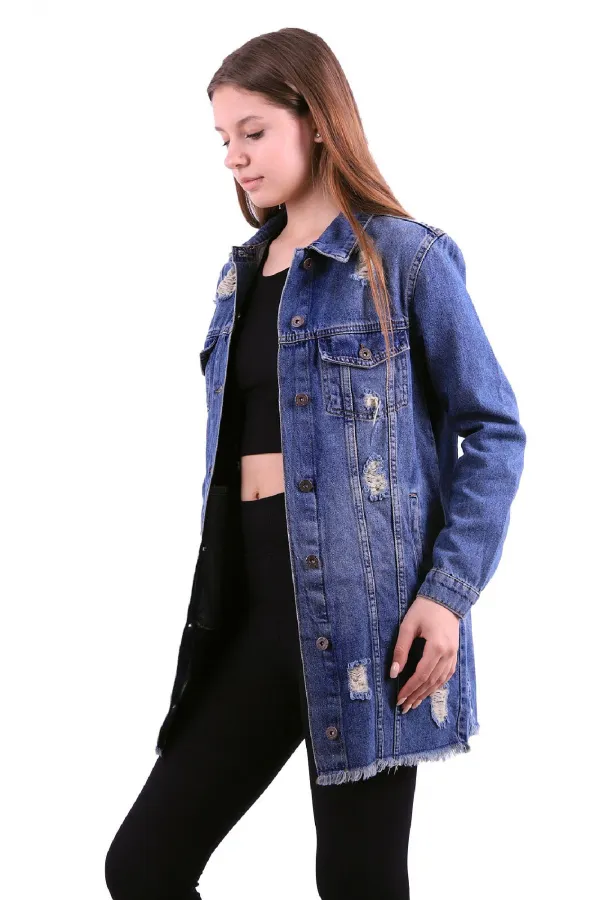 Fringe Finish Boyfriend Denim Jacket 679-02-(S-XL-6) Dark Tinted Denim Fringe Finish Boyfriend Denim Jacket 679-02-(S-XL-6) Dark Tinted Denim
