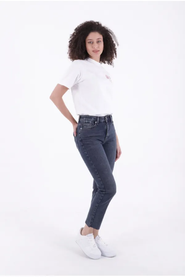 Fringe Ending High Waisted Mom Fit Jean  764-28-(26-33) Dark Blue Snow Denim