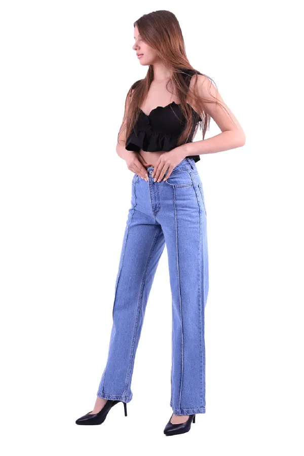 Önü Çımalı Bol Paça Relax Kot Pantolon  1736-15-(26-31)