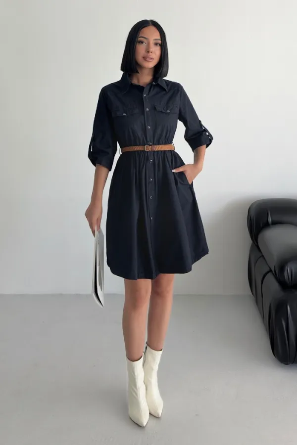 Büzgü Detaylı Kısa Kot Elbise 3040-73-(S-XL)