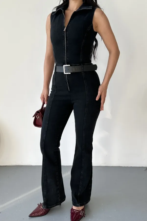 Sleeveless Denim Jumpsuit with Zipper and Belt 3013-23-(S-XL) Regular Anthracite