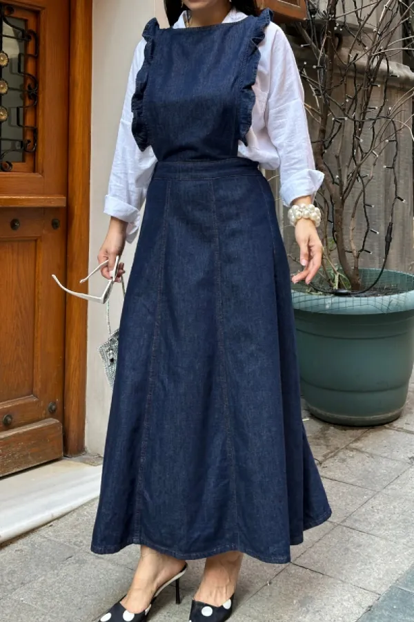 Omuzu Volanlı Fermuarlı Kot Elbise 3036-17-(S-XL)