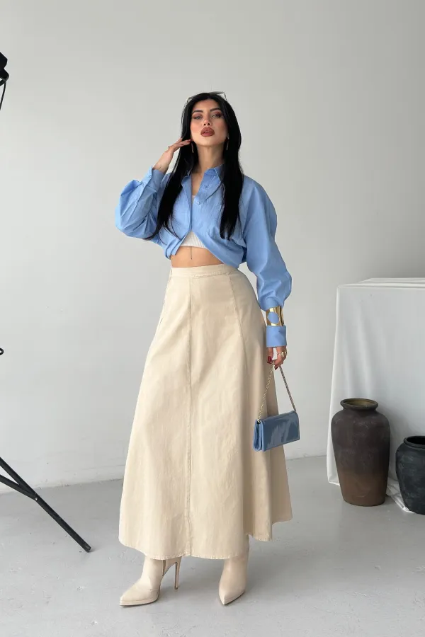 Ruffled Long Skirt with Elasticated Waist  1063-65-(36-44) Stone