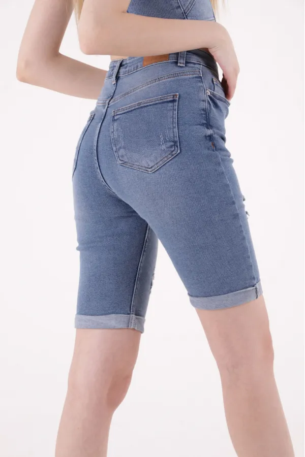 Denim Short with Double Folded Bottom Ending 296-06-(S-XL-6) Middle Blue Denim Denim Short with Double Folded Bottom Ending 296-06-(S-XL-6) Middle Blue Denim