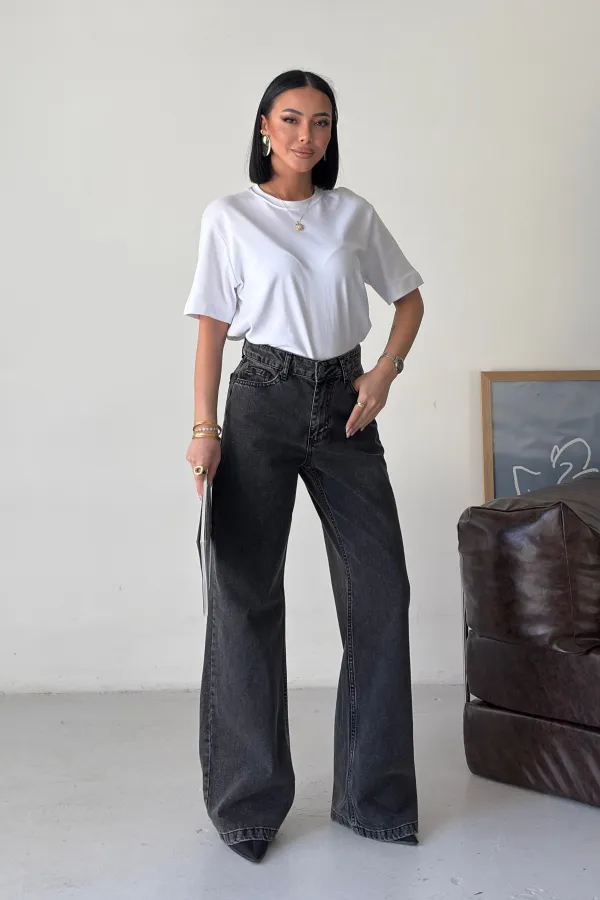 Wide Leg High Waisted Relaxed Jean  718-33-(27-32) Snow Anthracite