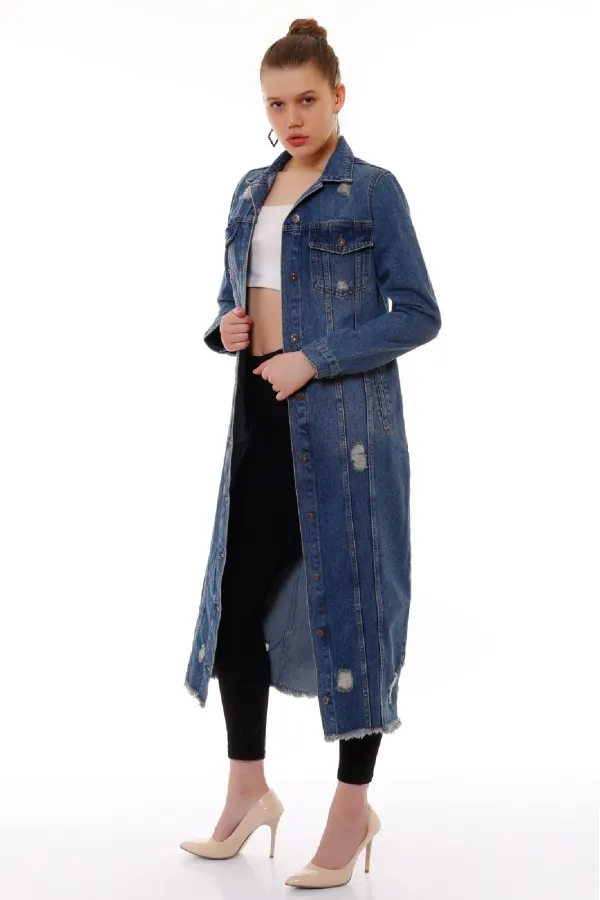 Ripped Long Denim Jacket 680-02-(S-XL) Dark Tinted Denim Ripped Long Denim Jacket 680-02-(S-XL) Dark Tinted Denim
