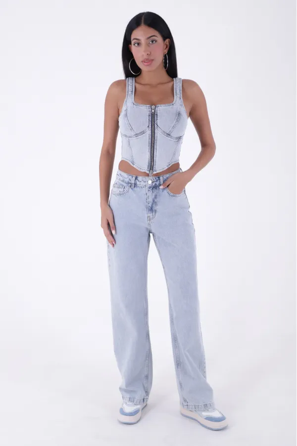 Wide Leg High Waisted Relaxed Jean  718-42-(27-32) Ice Blue - Tinted