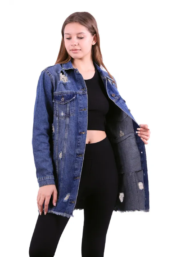 Fringe Finish Boyfriend Denim Jacket 679-02-(S-XL-6) Dark Tinted Denim Fringe Finish Boyfriend Denim Jacket 679-02-(S-XL-6) Dark Tinted Denim