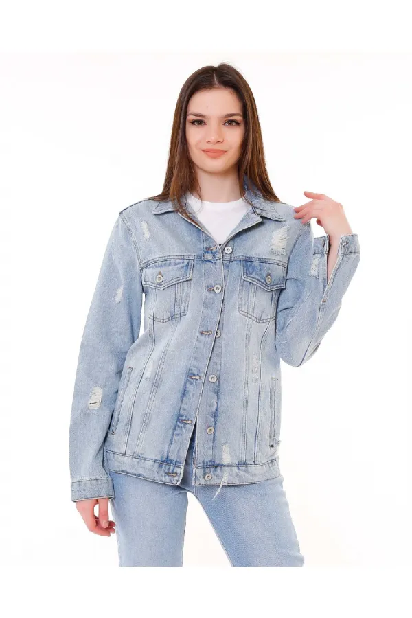 Boyfriend Denim Jacket 655-42-(S-XL-6) Ice Blue - Tinted Boyfriend Denim Jacket 655-42-(S-XL-6) Ice Blue - Tinted