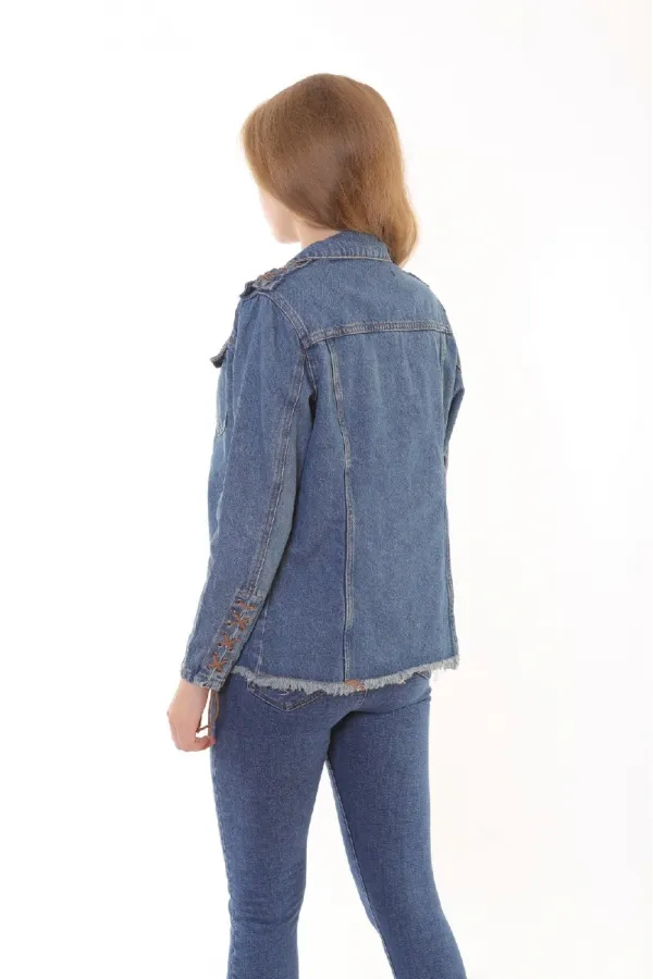 Tasseled Ending Denim Jacket with Lace-up Sleeve 618-62-(S-XL) Middle Blue - Tinted Tasseled Ending Denim Jacket with Lace-up Sleeve 618-62-(S-XL) Middle Blue - Tinted