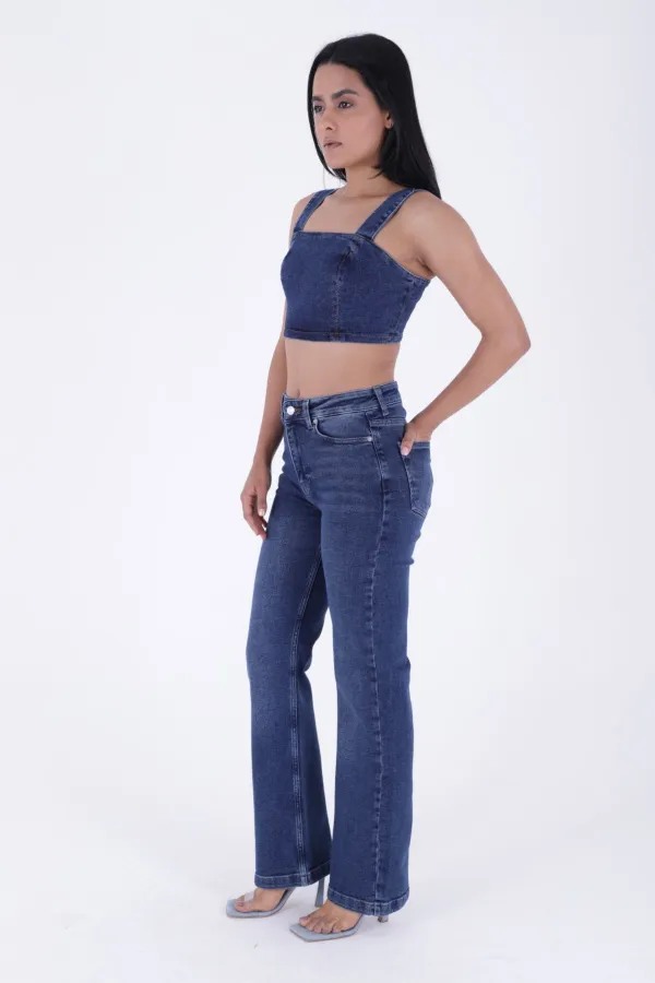 Stitched Hems Wide Leg Relaxed Jean  7026-01-(27-32) Dark Blue Denim