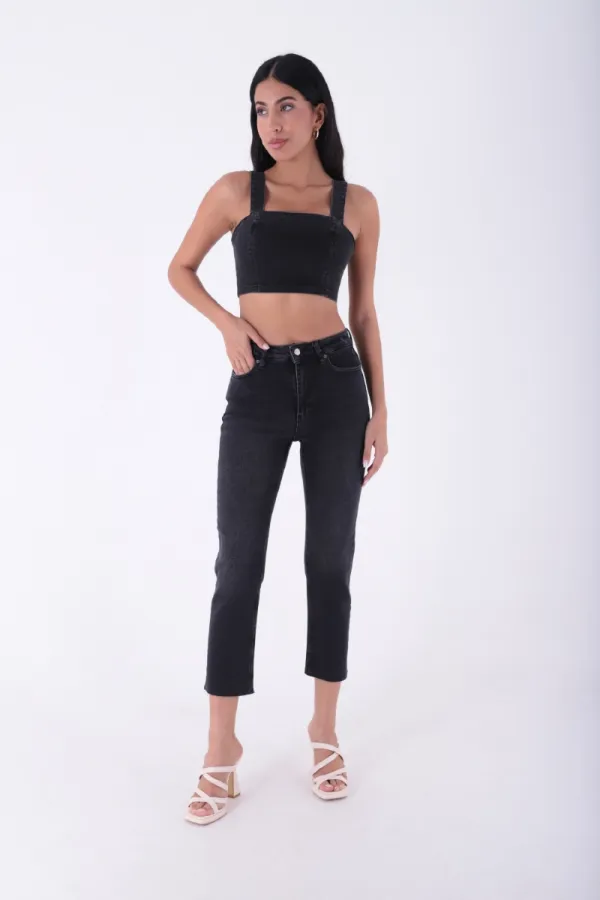 Fringe Ending High Waisted Mom Fit Jean  764-03-(32-36) Anthracite Denim