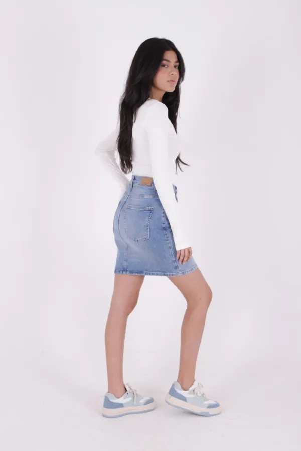 Short Length Denim Skirt with Stitched Hem 1036-15-(36-44) Light Blue Denim