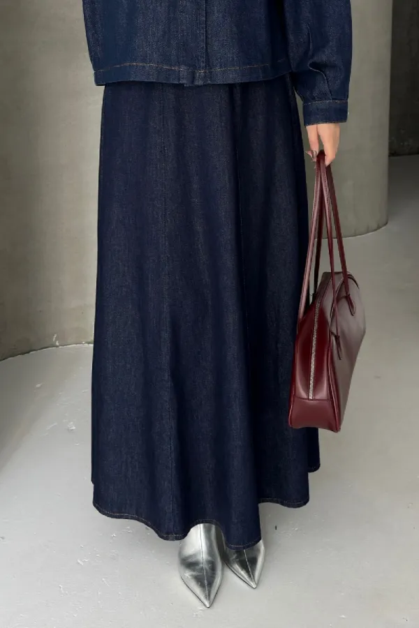Ruffled Long Skirt with Elasticated Waist 1063-17-(36-44) Slubbed Navy Blue