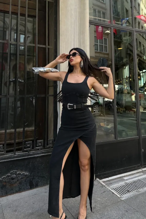 Asimetrik Detaylı Kot Elbise 3019-23-(S-XL)