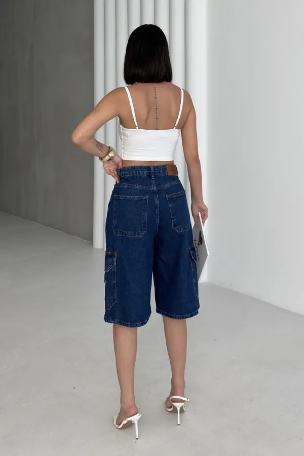 Mid Length Denim Shorts with Pocket Detail 2026-26-(36-42-6) Regular Dark Blue