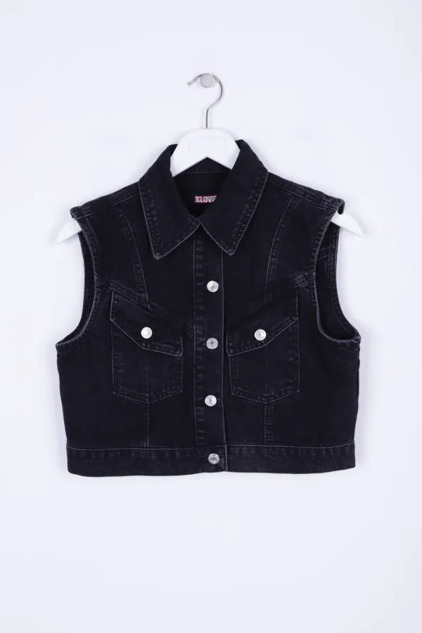 Asimetrik Cep Detaylı Kot Yelek  6048-23-(S-XL-6-2)
