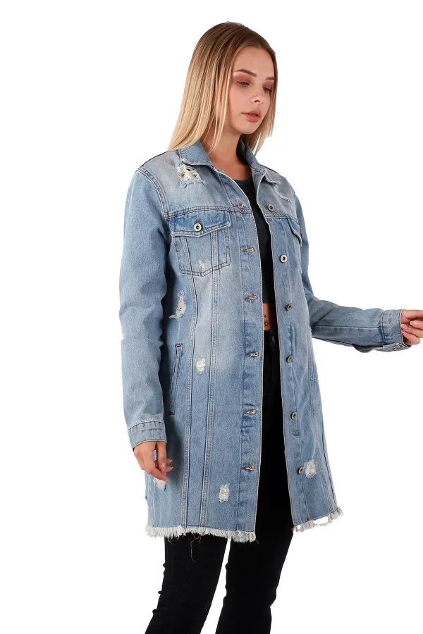 Fringe Finish Boyfriend Denim Jacket 679-42-(S-XL-6) Ice Blue - Tinted Fringe Finish Boyfriend Denim Jacket 679-42-(S-XL-6) Ice Blue - Tinted