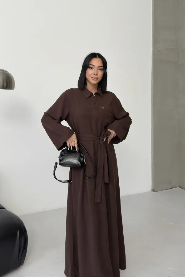 Buttoned Classic Long Denim Dress 3034-78-(S-XL) Brown Buttoned Classic Long Denim Dress 3034-78-(S-XL) Brown