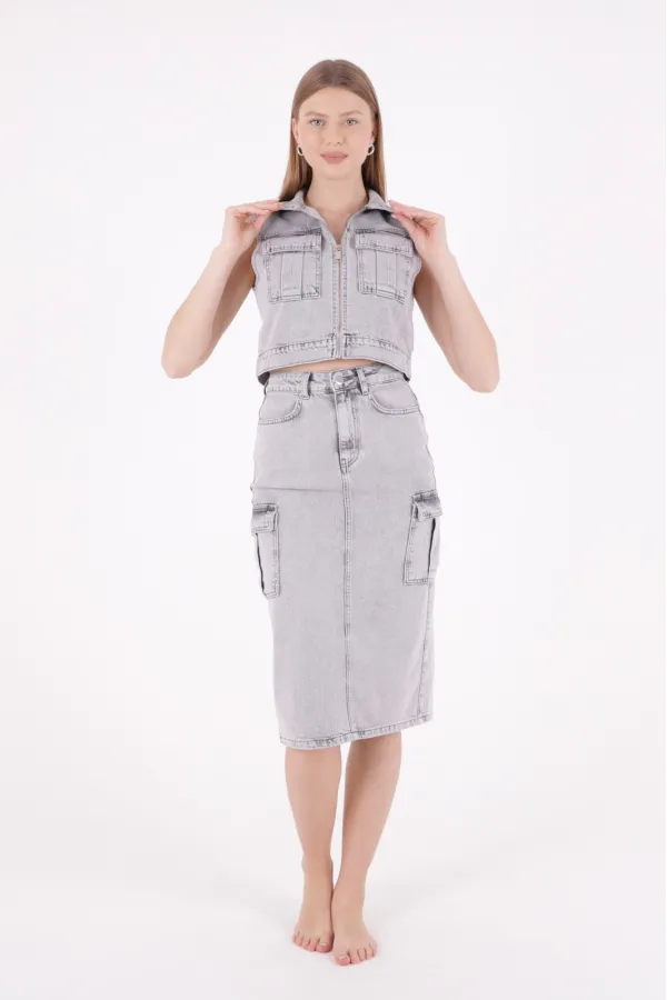 Fermuarlı Mini Kot Yelek  6018-32-(S-L-5)