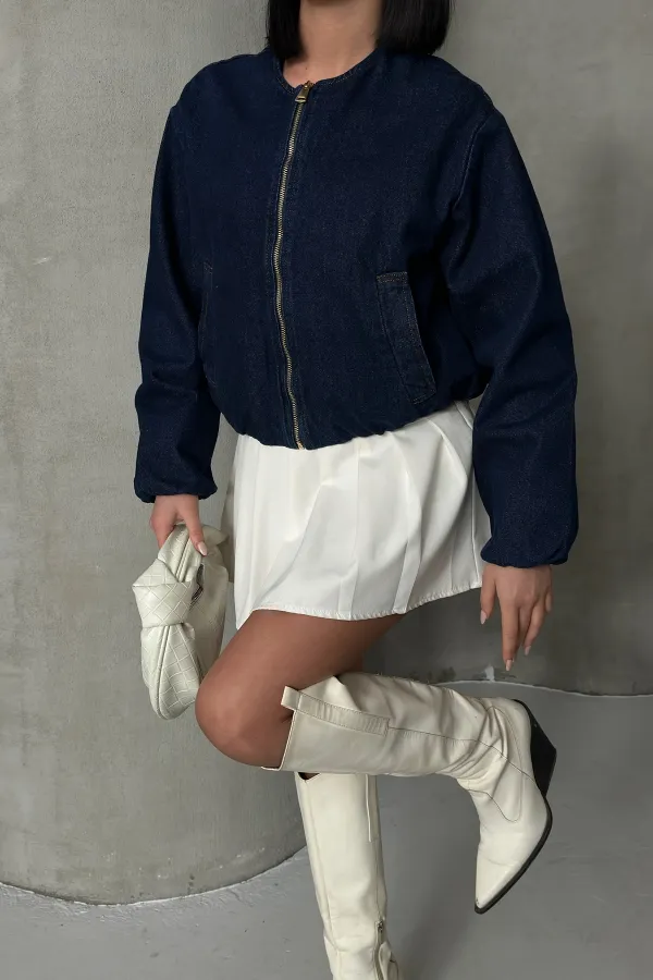 Cropped Zip-Up Jacket 6198-17-(S-L-3) Slubbed Navy Blue
