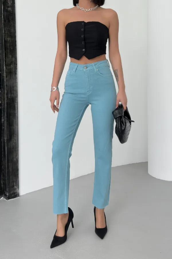 Fringe Ending High Waisted Mom Fit Jean 764-86-(28-33) Aqua Blue