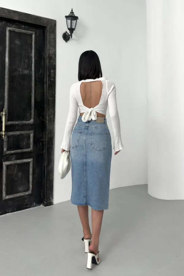 Mid Length Denim Skirt with Triangle Detail  1041-15-(XS-XL) Light Blue Denim