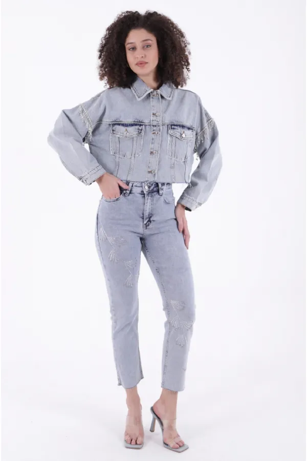 Çapraz Taşlı Mom Fit Kot Pantolon 7054-08-(28-33)