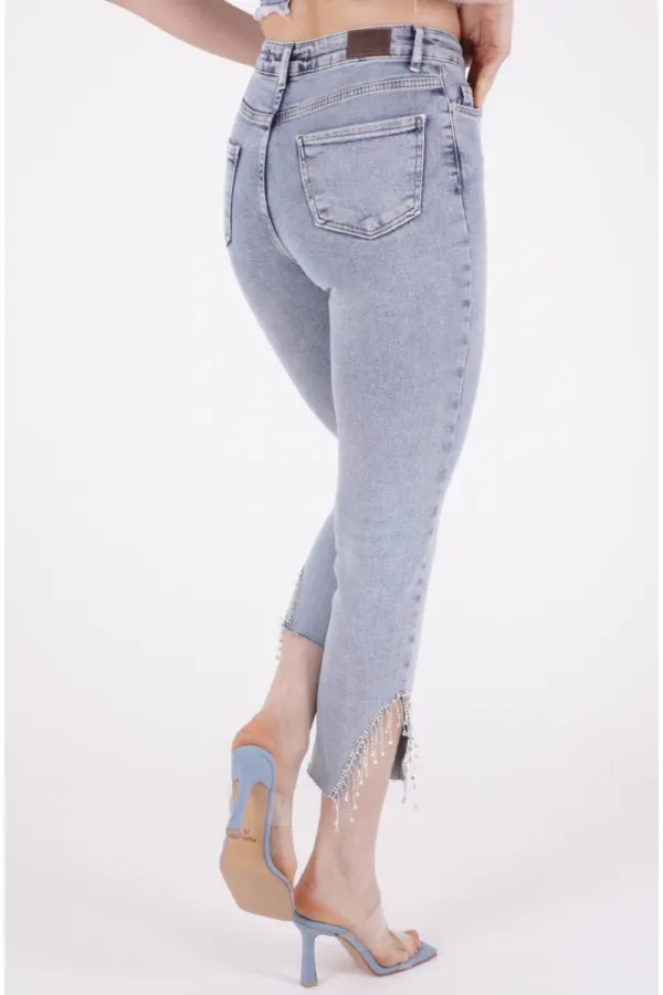 High Waisted Mom Jean with Rhinestones on Leg Hems Sides 1881-08-(26-28) Snow Light Blue High Waisted Mom Jean with Rhinestones on Leg Hems Sides 1881-08-(26-28) Snow Light Blue