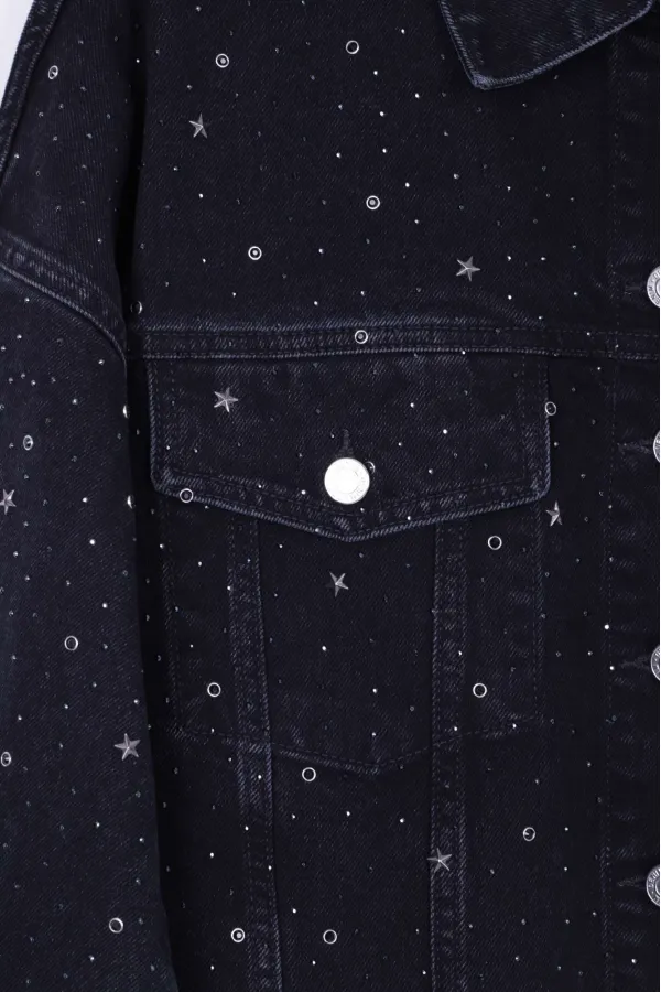 Oversize Short Denim Jacket with Stars and Rhinestones 6005-23-(S-L-5) Regular Anthracite Oversize Short Denim Jacket with Stars and Rhinestones 6005-23-(S-L-5) Regular Anthracite