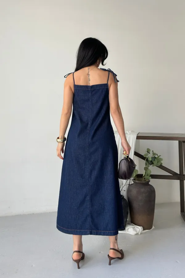 Strappy Relax Dress 3085-17-(S-XL) Slubbed Navy Blue Strappy Relax Dress 3085-17-(S-XL) Slubbed Navy Blue