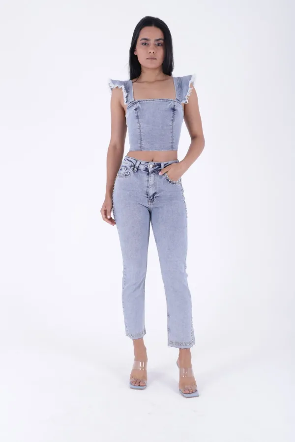Taşlı Mom Fit Kot Pantolon  7023-08-(27-32)