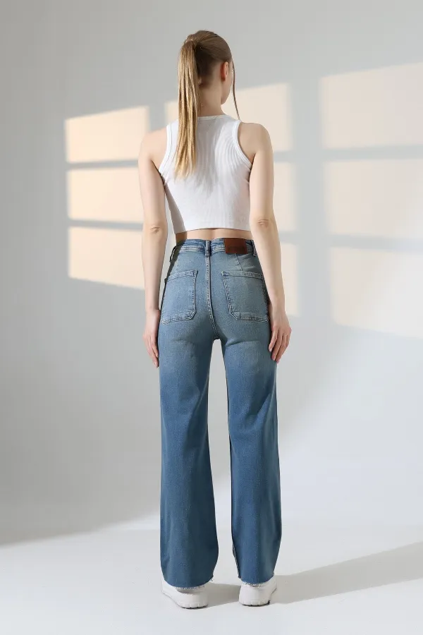 Wide Leg Palazzo Relaxed Jean with Decorative Front Pockets  1710-62-(30-36) Middle Blue - Tinted