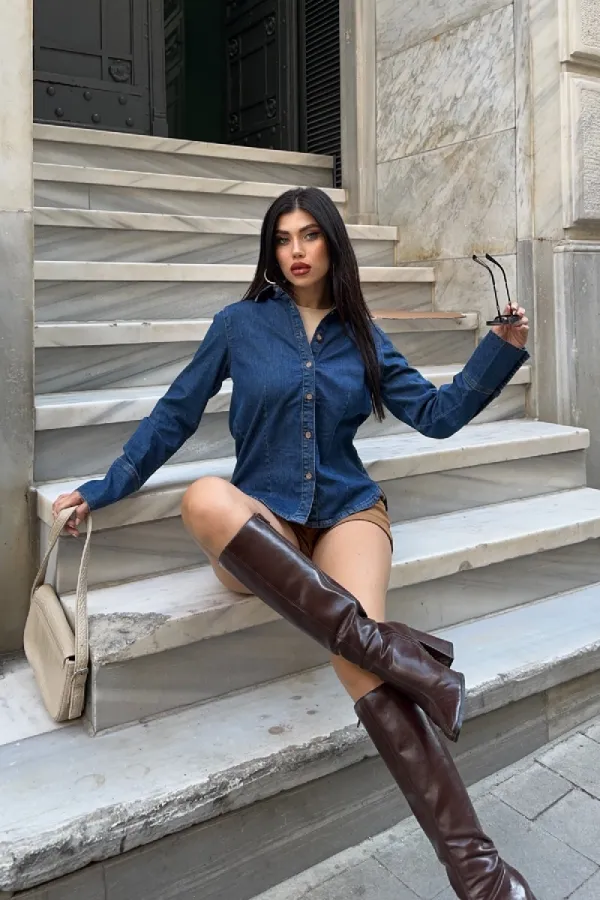Kol Manşet Detaylı Kot Gömlek  6150-26-(S-XL)