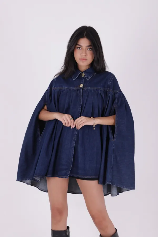 Pleated Oversize Poncho Jacket 6075-26-(STD-3) Regular Dark Blue Pleated Oversize Poncho Jacket 6075-26-(STD-3) Regular Dark Blue
