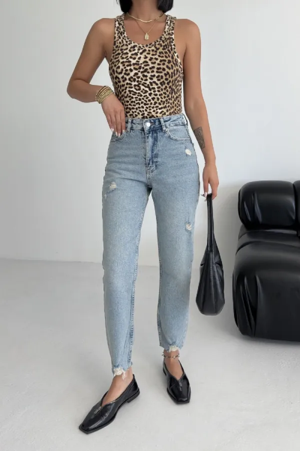 High Waisted Mom Fit Ankle Length Jean with Ripped Finish 884-14-(28-33) Light Blue and Tinted