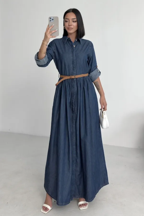 Büzgü Detaylı Uzun Kot Elbise  3048-26-(S-XL)