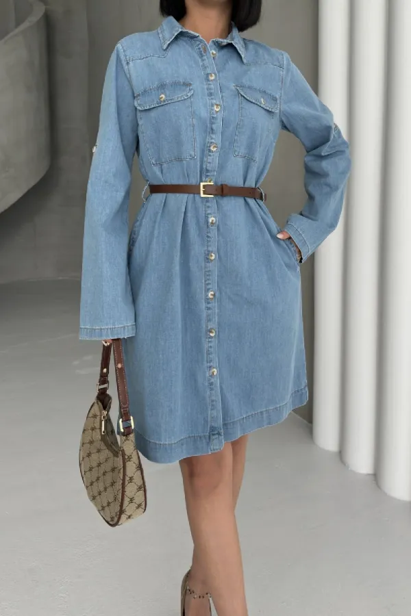 Long Shirt Dress with Buttons 6102-25-(S-XL) Middle Blue
