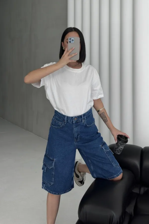 Mid Length Denim Shorts with Pocket Detail 2026-27-(36-42-6) Rinsed Blue