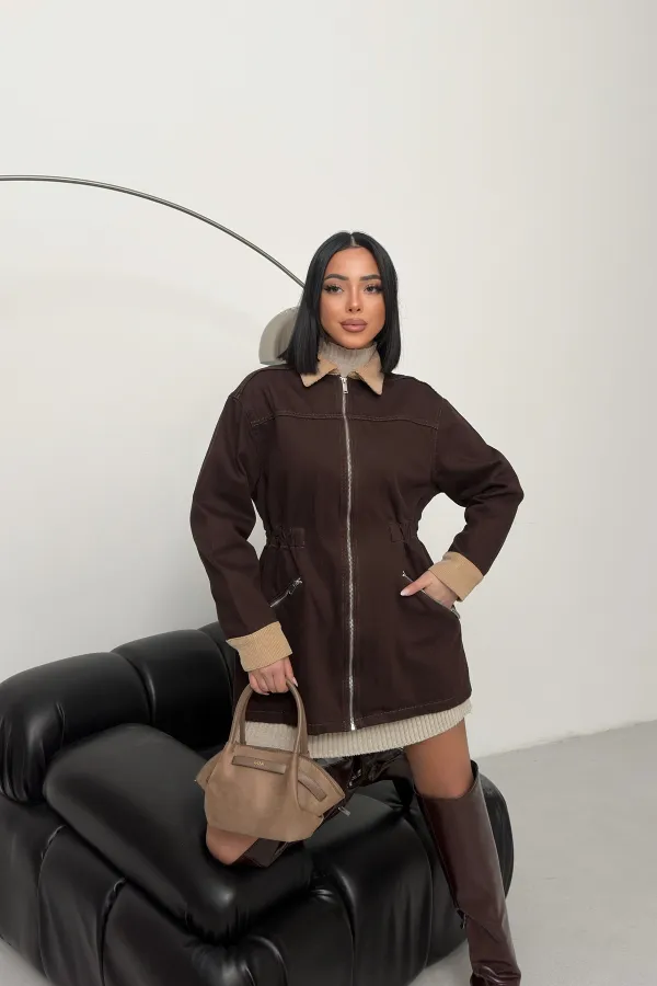 Velvet Piece Detailed Zippered Denim Jacket 6129-78-(S-XL) Brown