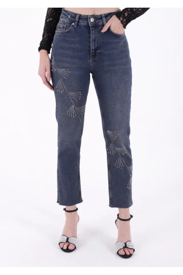 Çapraz Taşlı Mom Fit Kot Pantolon  7054-28-(26-31)