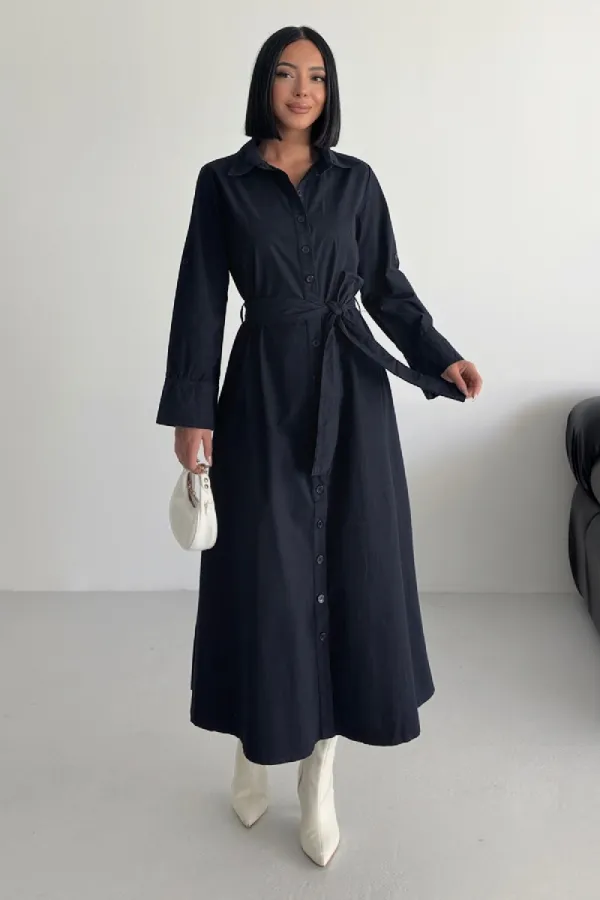 Düğmeli Uzun Boy Kot Elbise 3047-73-(S-XL)
