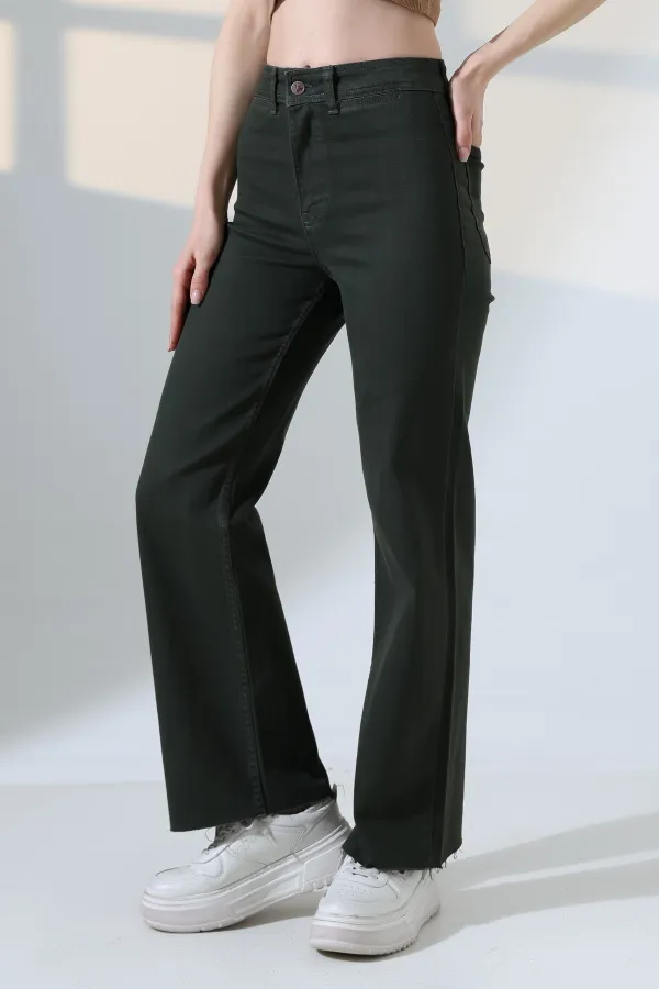 Wide Leg Palazzo Relaxed Jean with Decorative Front Pockets  1710-97-(27-32) Pine Green