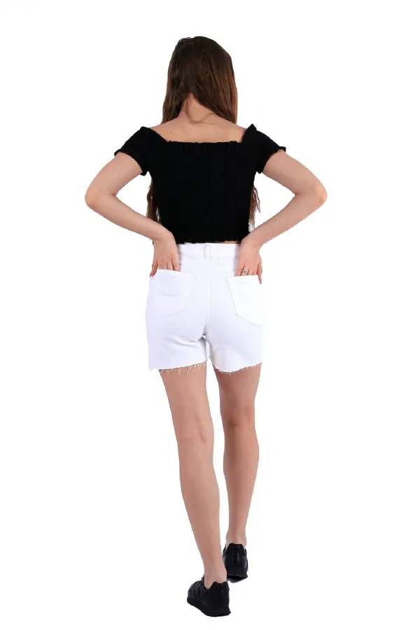 Basic Denim Short with Fringe Ending 264-50-(S-XL-6) White Basic Denim Short with Fringe Ending 264-50-(S-XL-6) White