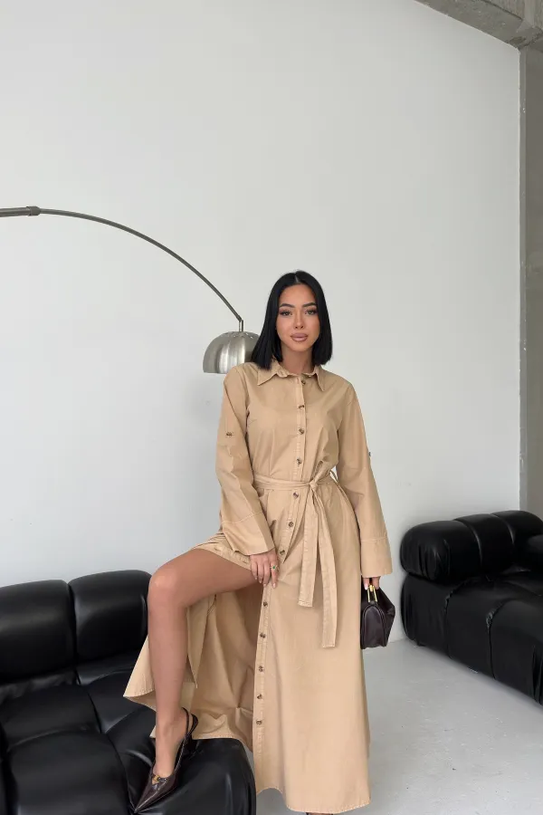 Düğmeli Uzun Boy Kot Elbise 3047-70-(S-XL) Düğmeli Uzun Boy Kot Elbise 3047-70-(S-XL)