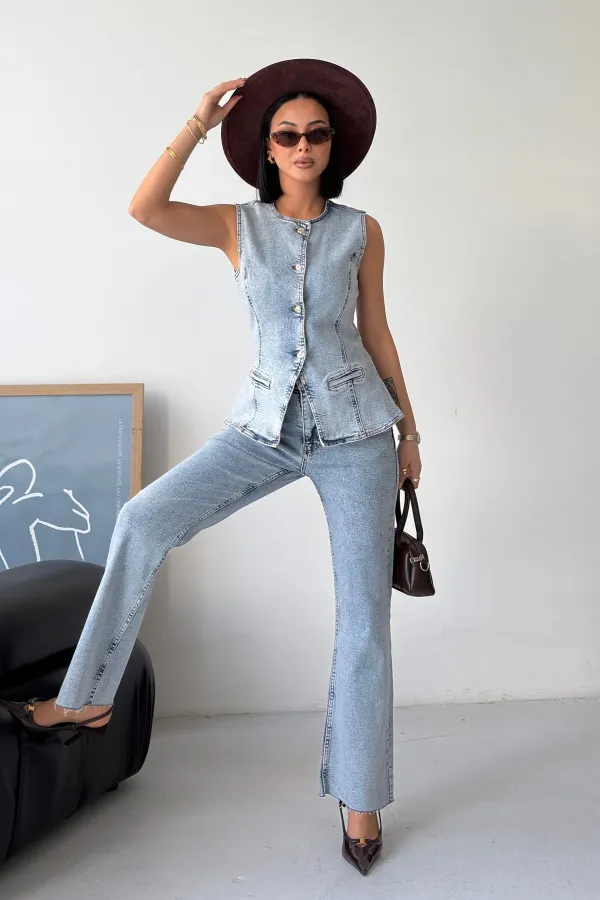 Denim Vest with Slit Front 6086-08-(S-XL) Snow Light Blue